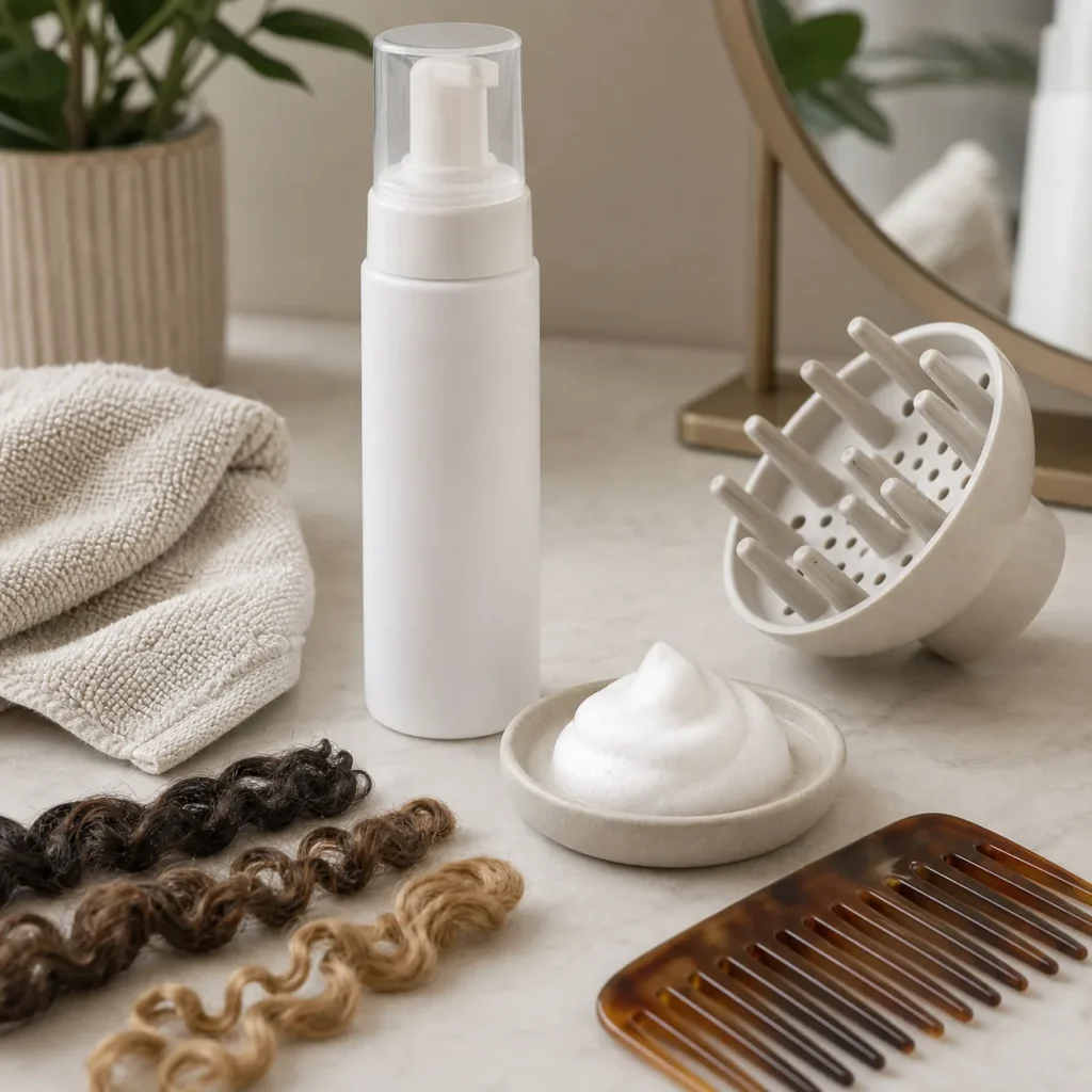 curly hair mousse routine setup with diffuser and comb