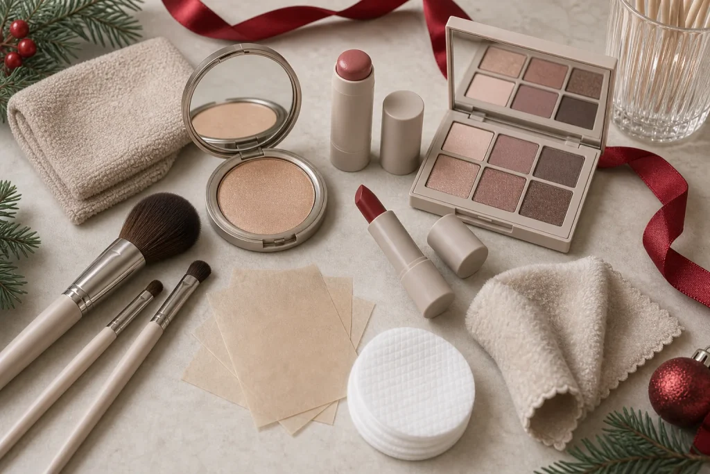 holiday makeup color and touch-up setup