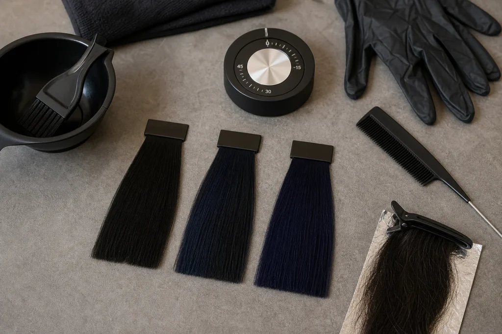 blue black hair dye shade swatches and strand test tools