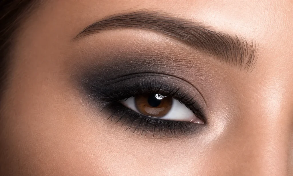 close-up of black smoky eye makeup with charcoal shadow and clean liner