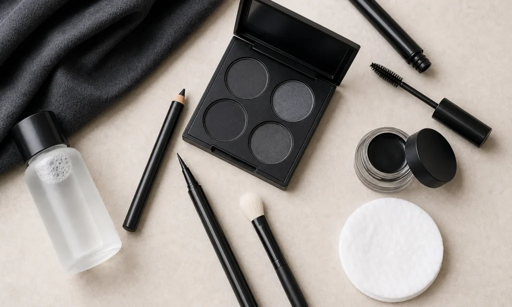 unbranded black eye makeup products and clean tools on a vanity surface