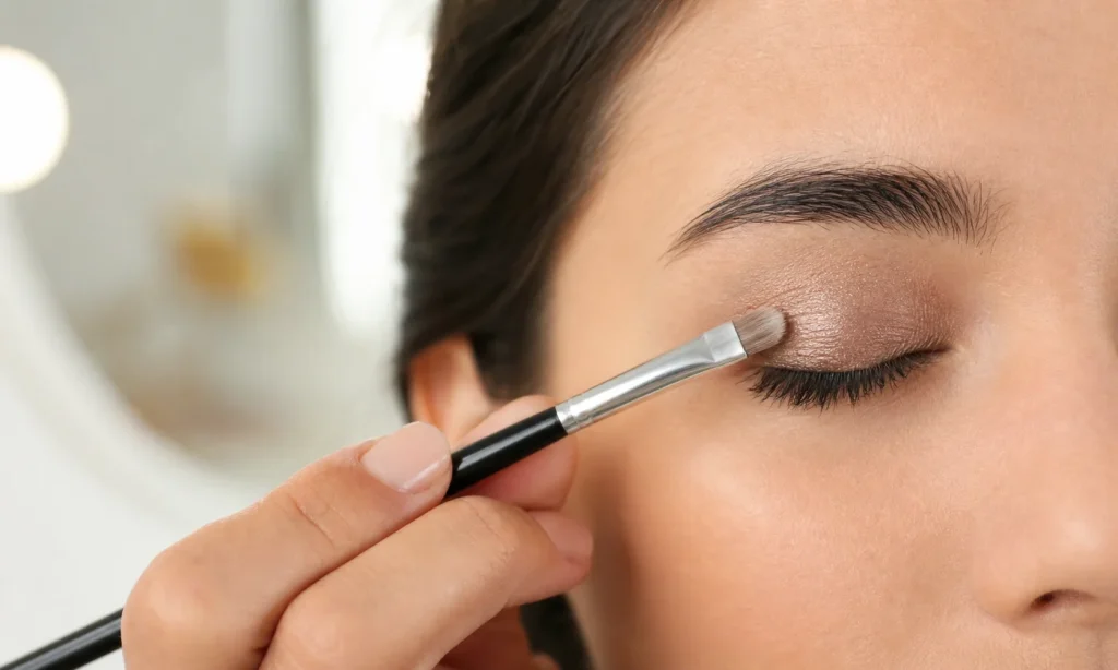 cream eyeshadow being applied to a closed eyelid with a clean makeup brush