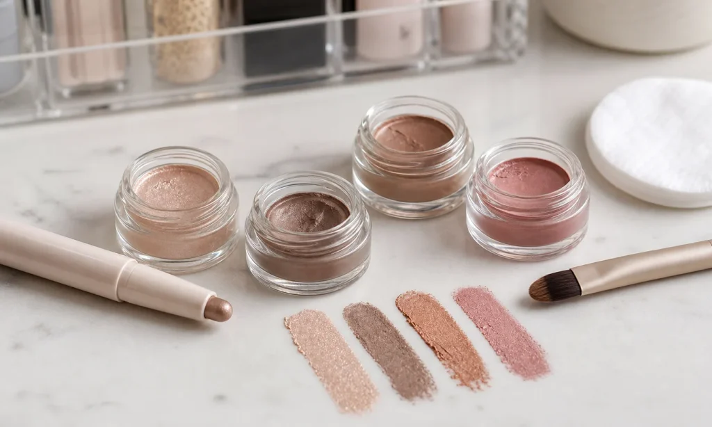 unbranded drugstore cream eyeshadow pots, stick, brush, cotton pad, and neutral swatches