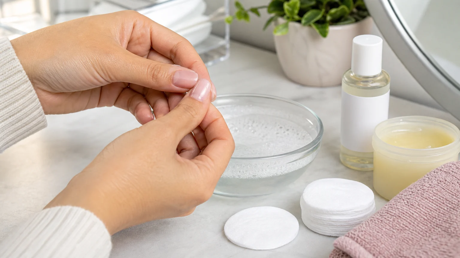 Nail glue skin cleanup with warm soapy water and cotton pads