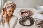 Unbranded hair care setup for Silk Bonnets: Fiber Label, Momme, Fit, and Care